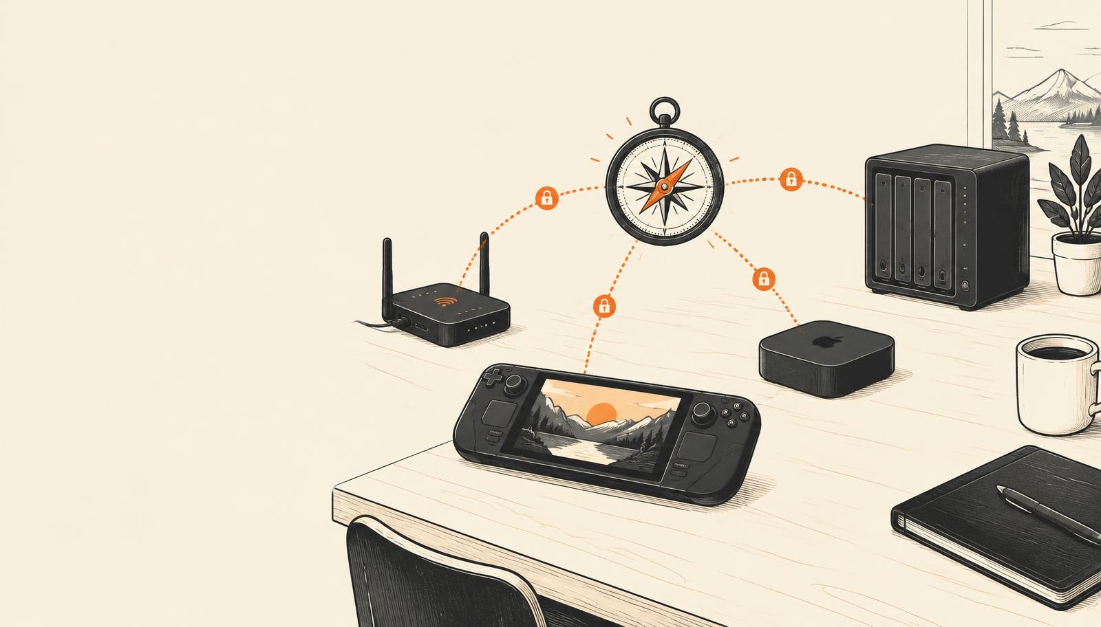 Travel router, Steam Deck, Apple TV and NAS connected by encrypted tunnels
